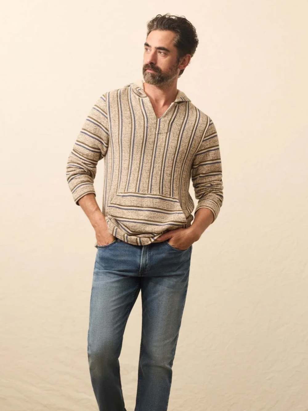 NEW🌅FAHERTY Whitewater EKS-Elk Rapids Stripe Hoodie — Cream & Blue $188